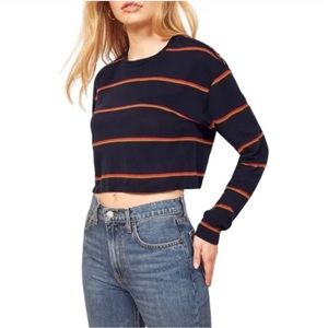 Reformation Chloe Stripe Tencel Cropped Long Sleeve Tee Shirt Navy/Gold Small
